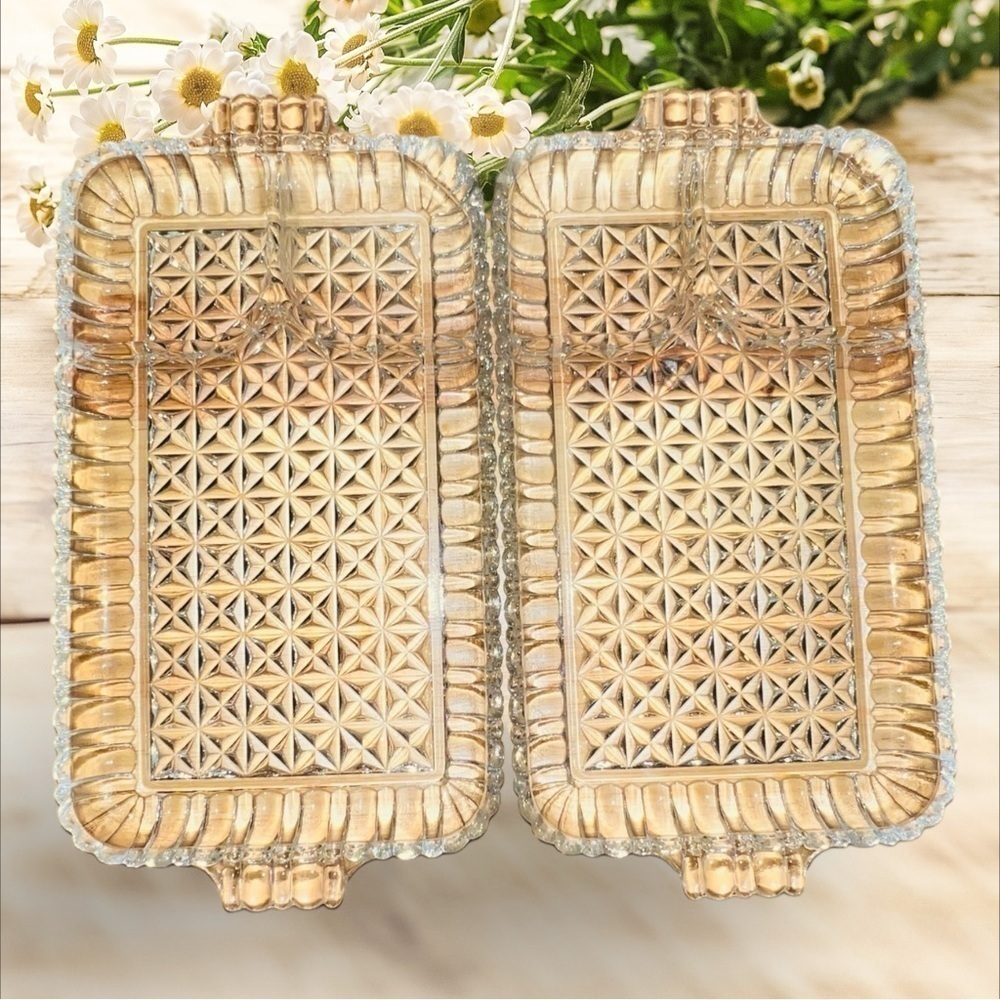 Anchor Hocking Clear Cut Glass Snack /Sandwich Tray 1950s (2) Plates